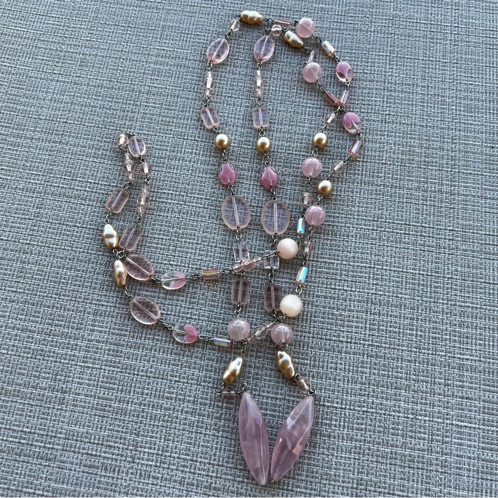 Pink Glass Beaded Tie Necklace 48” Long